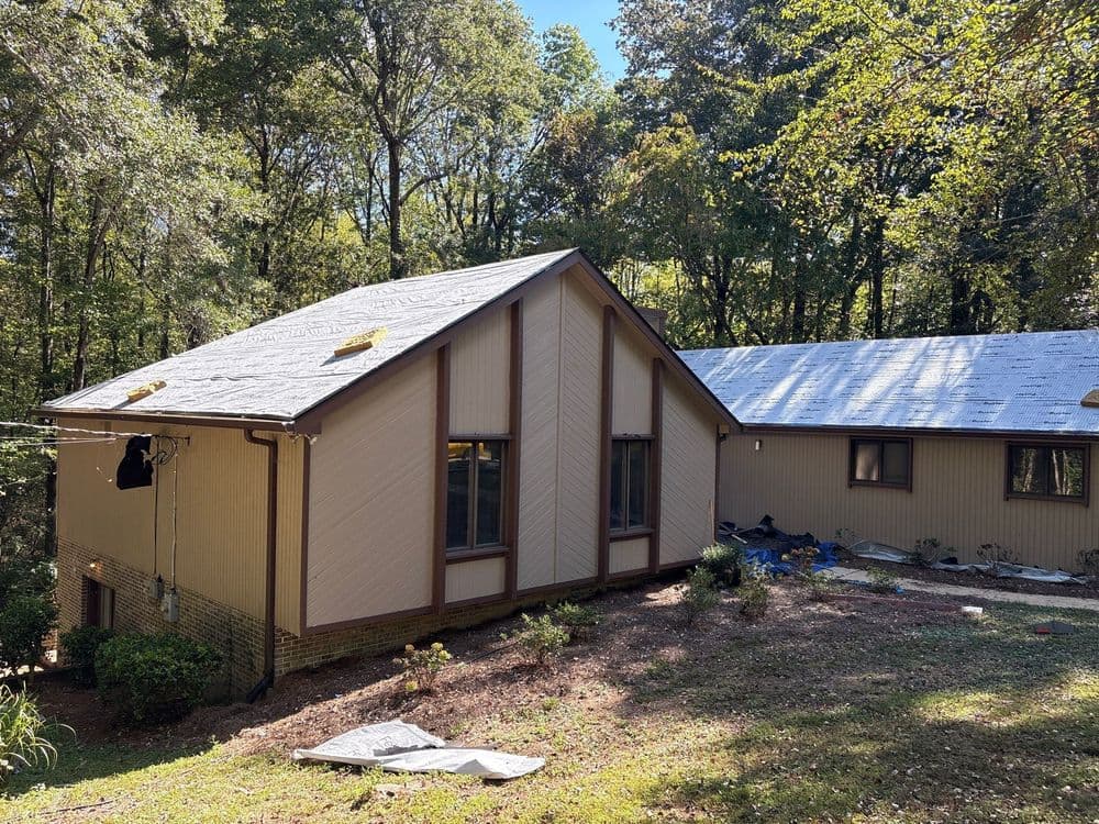 Modern house with a sloped roof and surrounding trees in a serene wooded setting.