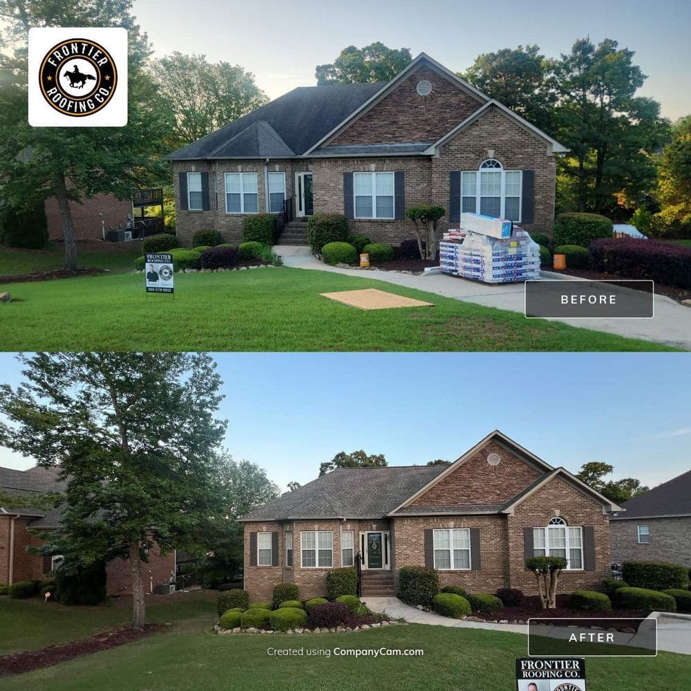 Home exterior transformation by Frontier Roofing Co, showcasing before and after landscaping improvements.