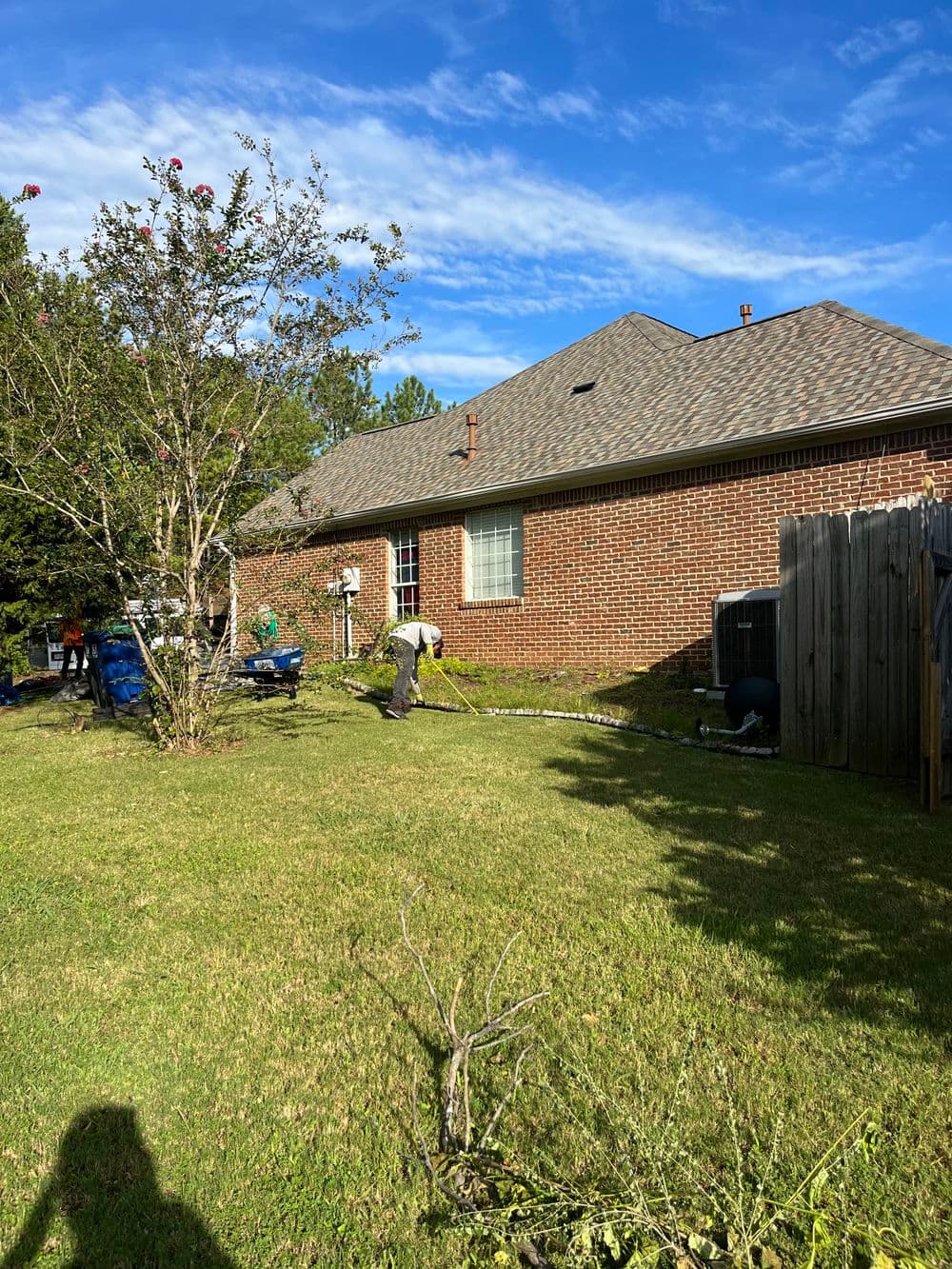Landscapers maintaining a backyard with trees and plants under a clear blue sky.