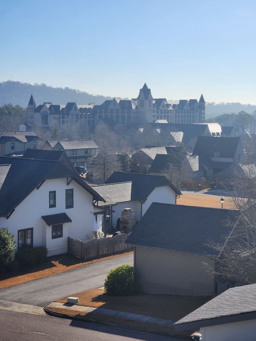 View of residential homes with a resort hotel in the background against a clear blue sky.